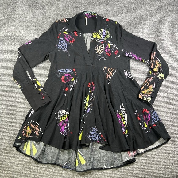 Free People Tops - Free People Field of Butterflies Print Black High-Low Tunic Top Womens Small